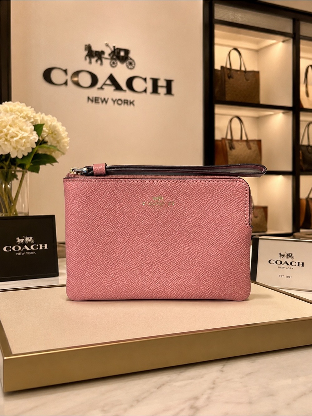 Coach Pink Leather Wristlet Pouch with Gold Logo